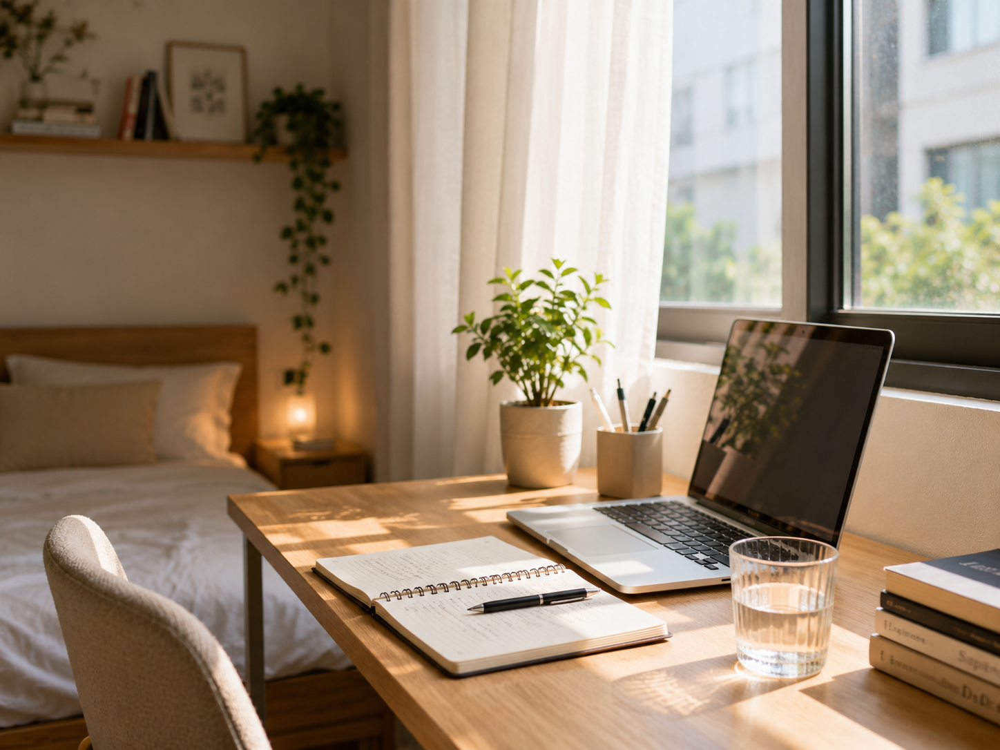 Bàn học đặt gần cửa sổ trong phòng ngủ giúp tận dụng ánh sáng tự nhiên